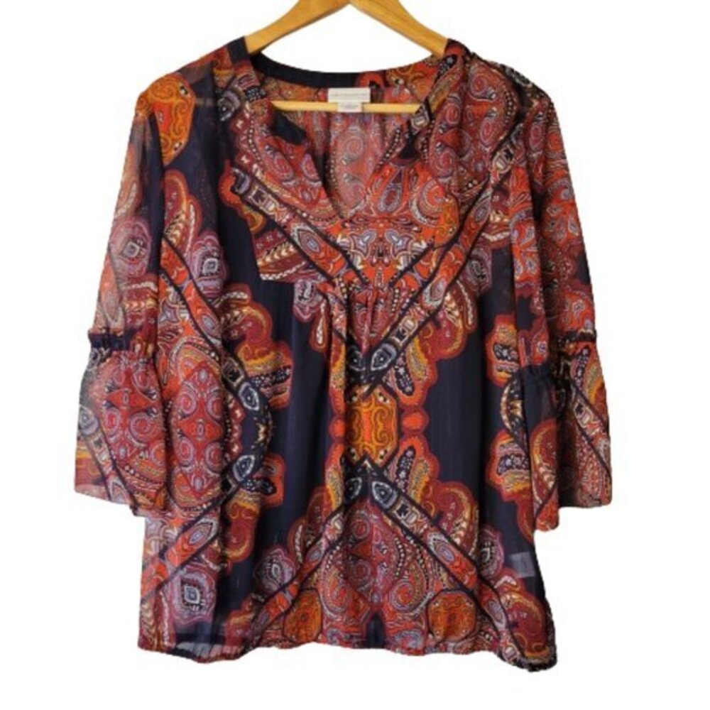 Liz Claiborne Bell Sleeve Flowy Blouse with Cami Black Orange Red Size Large